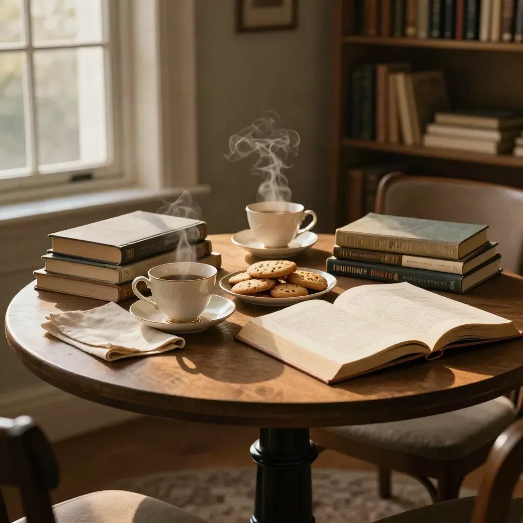 Round table with stacked novels, teacups, biscuits, and an open book in warm window light.