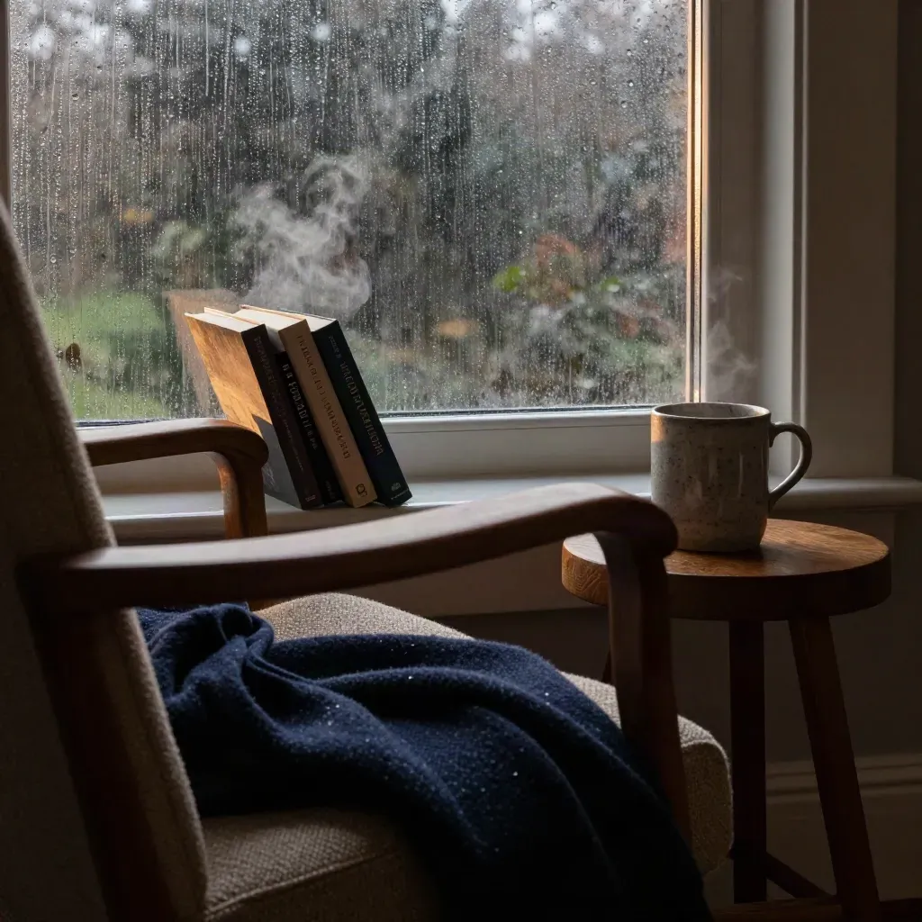 Rainy reading nook with navy throw, three novels, and a mug by a window