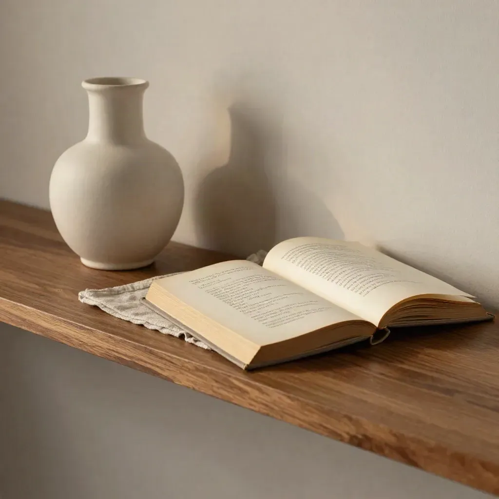 Poetry books stacked by a ceramic vase and linen placemat on a walnut shelf
