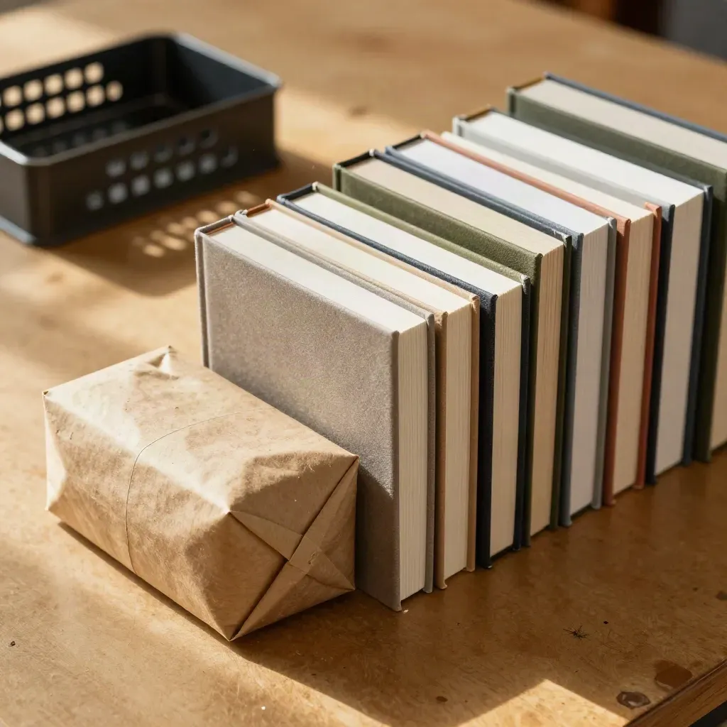 Kraft-wrapped small-press hardcovers beside a black metal mail tray on a sunlit worktable.