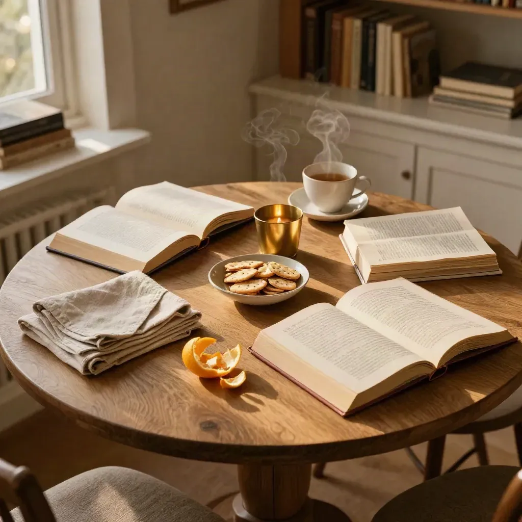 Overhead book club table with open book, tea steam, citrus peels and warm candlelight.
