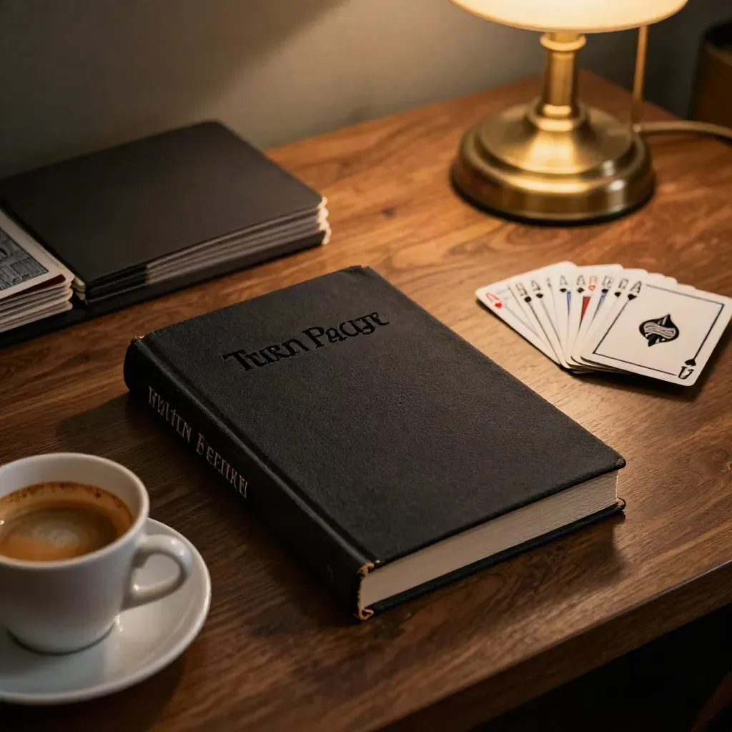 Mystery desk with a closed crime novel, cards, espresso cup, and brass lamp glow.