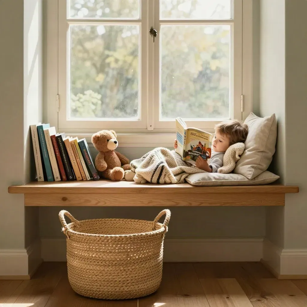 Sunny reading alcove with children's books, plush toy, knit blanket and basket in soft daylight