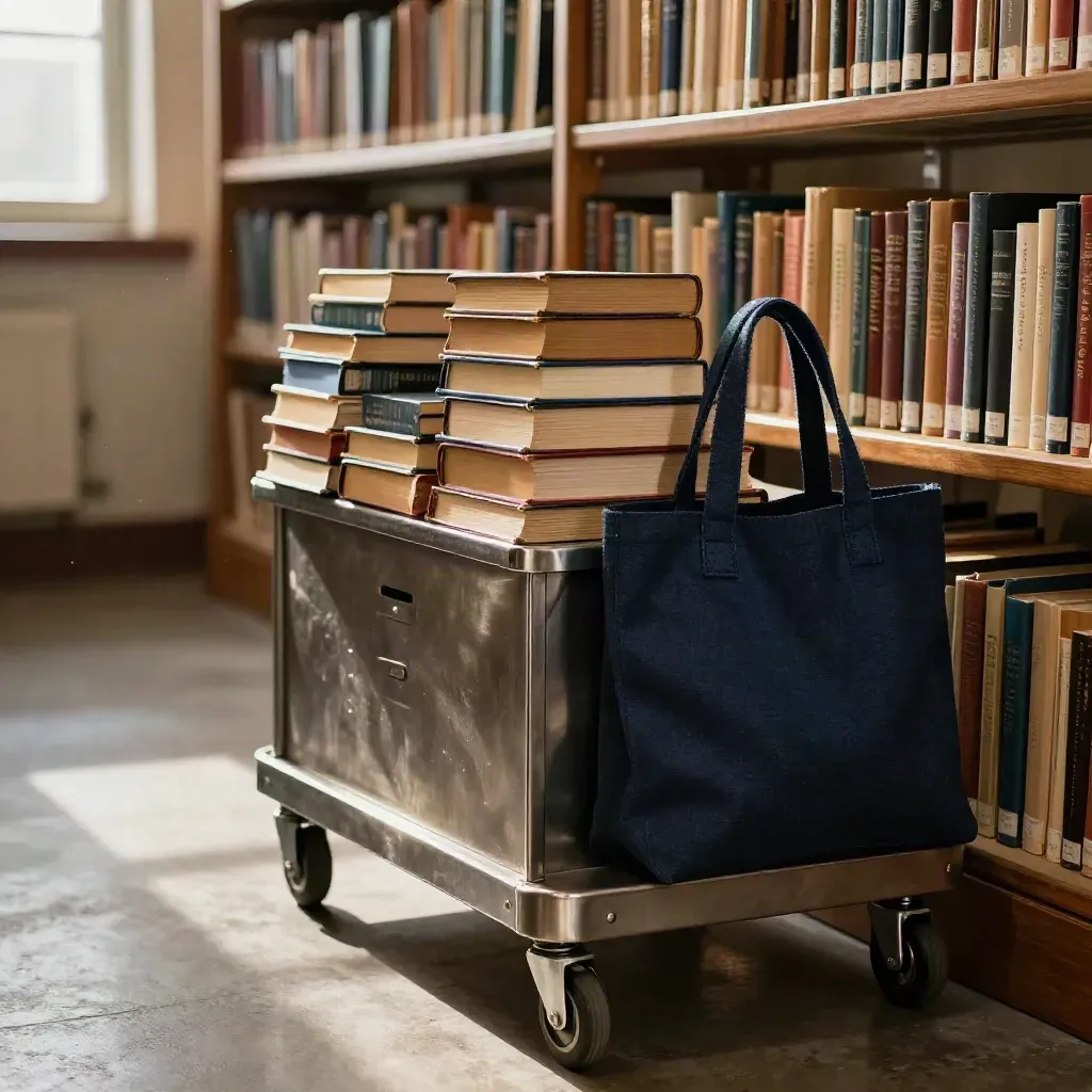 Library cart with hardcovers, return bin and wool tote in a dusty sunlit aisle.