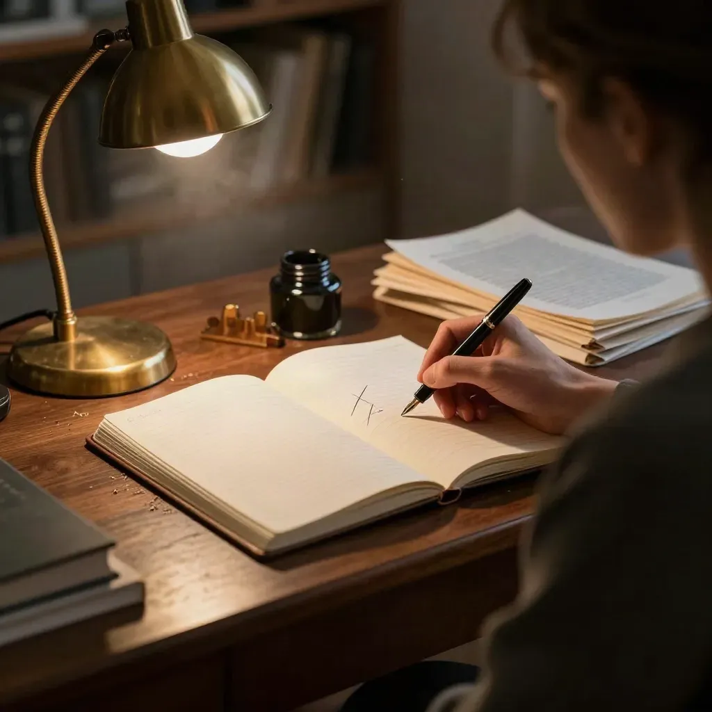 Over-shoulder view of a writer’s desk with notebook, pages, pen, cup, and warm lamplight.