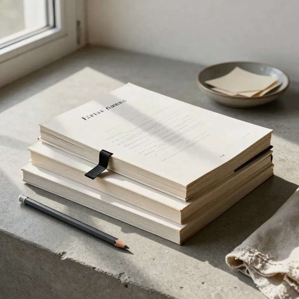 Three review copies, ribbon marker, graphite pencil and stoneware dish on concrete, lit softly from upper left.