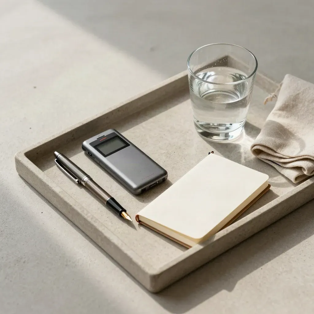 Voice recorder, pen, notebook, and water glass on a stone tray in soft light.