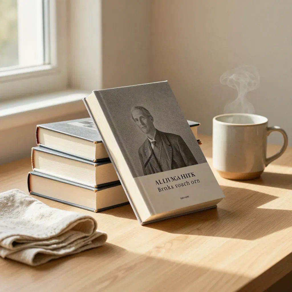 Three genre books, folded cloth, and a ceramic mug on pale wood in soft morning light.