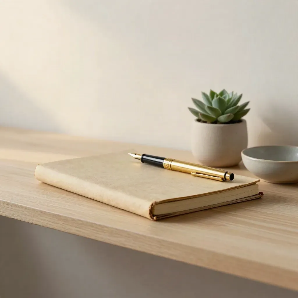 Notebook, pen, succulent, and bowl on a pale wood shelf in soft daylight.