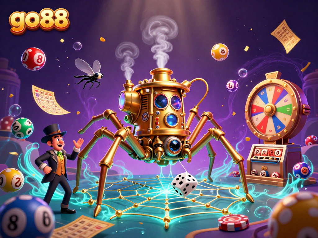 Feel the thrill of go 88 with vibrant lottery elements and a steampunk spider web in this colorful illustration.