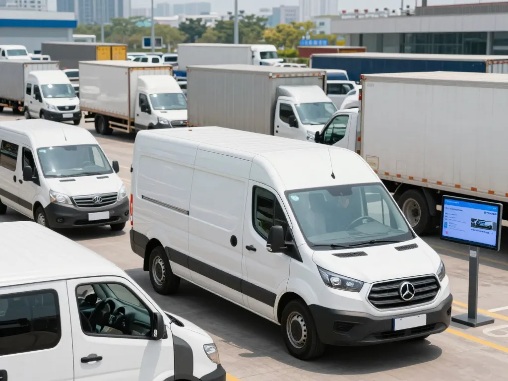 Transport logistics scene with driver loading tracked delivery van efficiently.