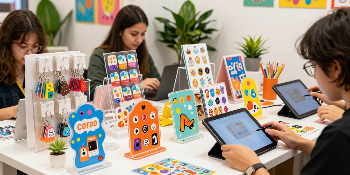 Engaging shopping scene featuring diverse acrylic standees and custom merchandise.