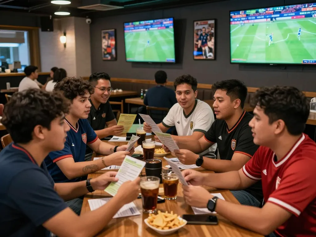 Excited sports fans engaging with judi bola bets at a bustling bar.