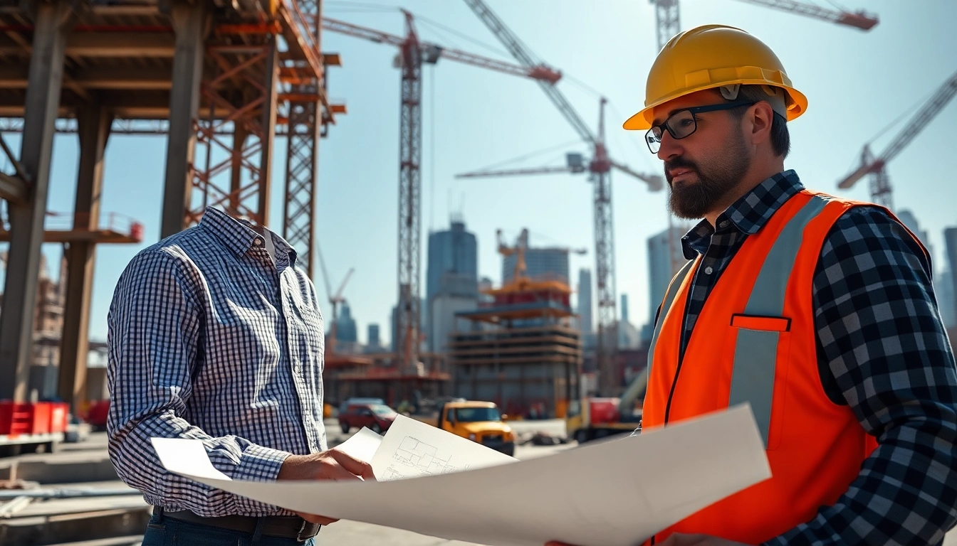 Manhattan Construction Manager reviewing architectural plans on a bustling job site.