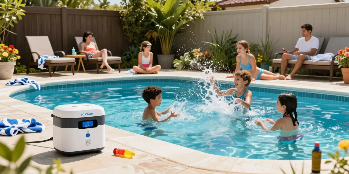 Best salt water chlorinator showcased in a sunny backyard pool, with family enjoying a fun day.