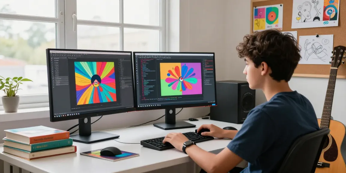 Young creative developer in a dynamic workspace at dejny.eu, blending art and technology.