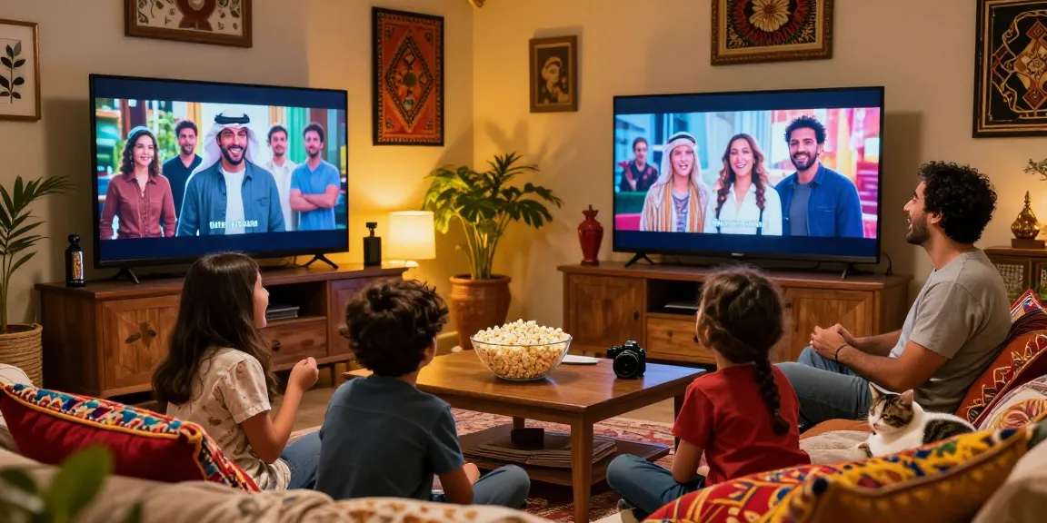Family enjoying popular مسلسل، مسلسلات تركية، مسلسلات عربية together in a cozy living room with a vibrant atmosphere.