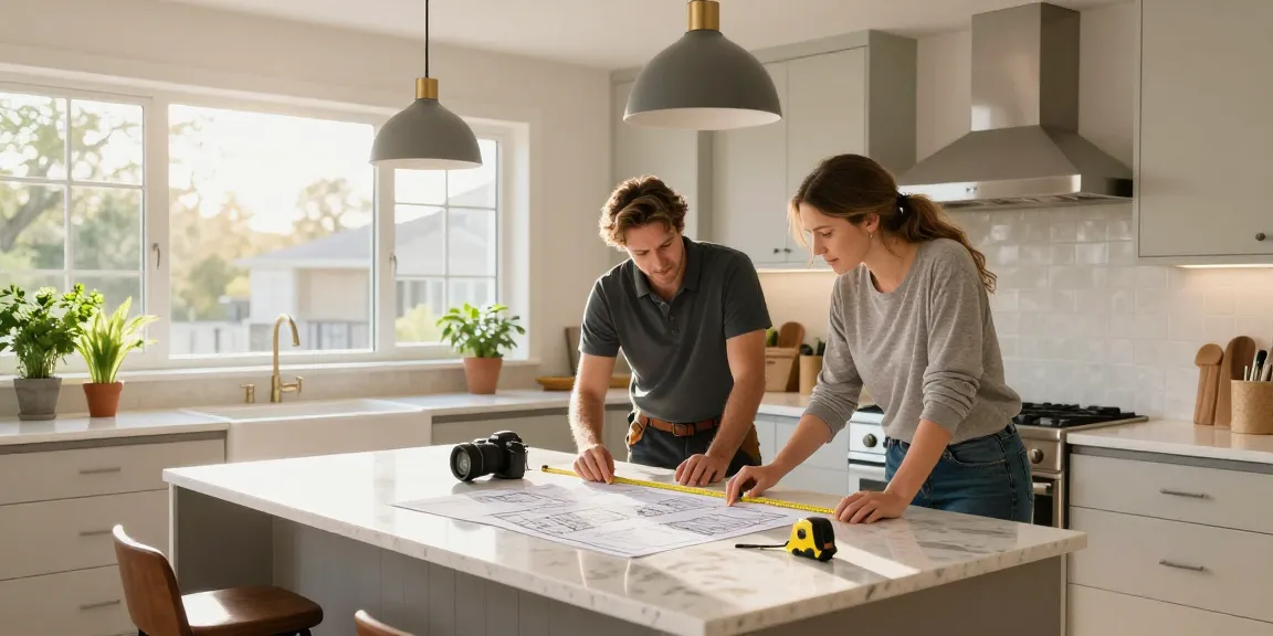 Oakville Kitchen renovation showcasing homeowners discussing design plans with a contractor in a bright kitchen