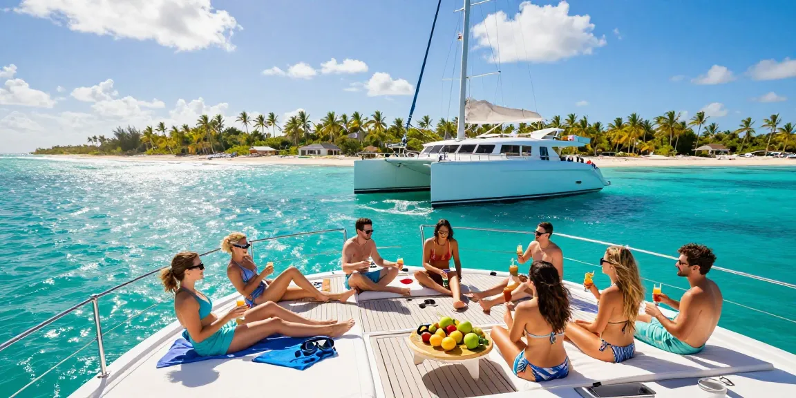 Experience luxurious boat rental Punta Cana on a catamaran near Saona Island, friends enjoying drinks and snorkeling gear.