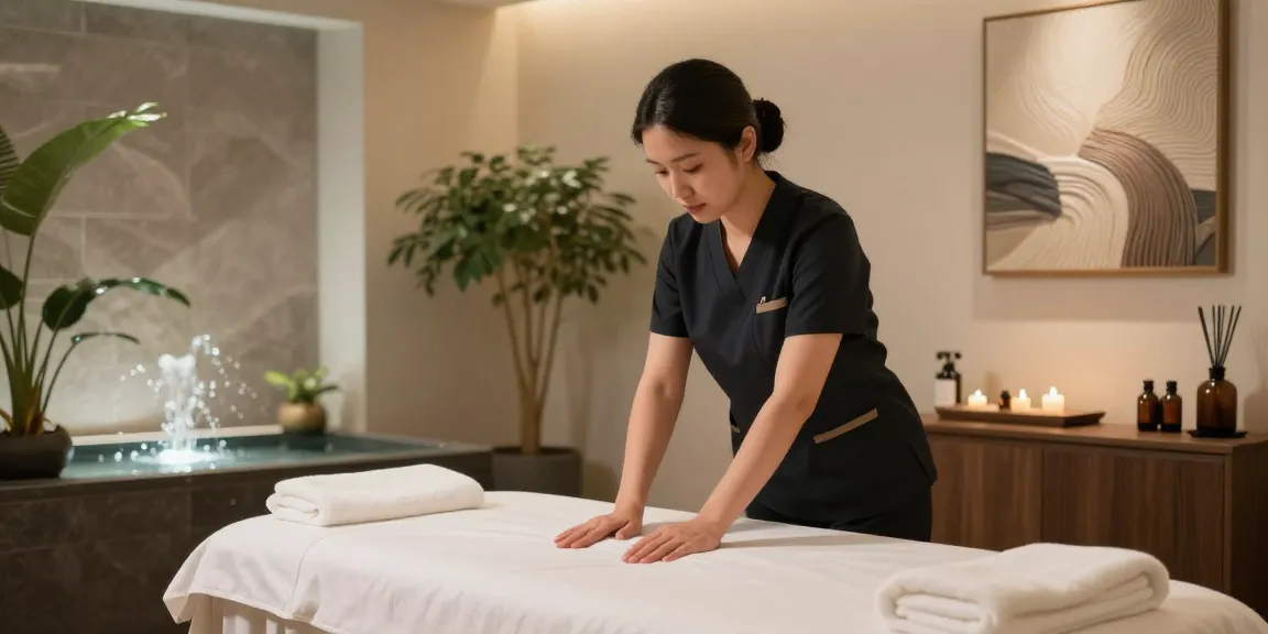 Relaxing 송파출장안마 massage therapy environment with professional therapist preparing the space.
