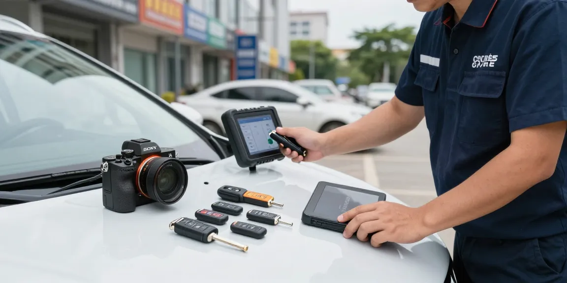Expert locksmith programming an Autosleutel in a mobile auto service scene.
