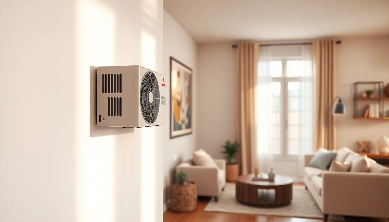 Showcasing a Mitsubishi mini split AC unit in a chic living room setting, blending style and efficiency.