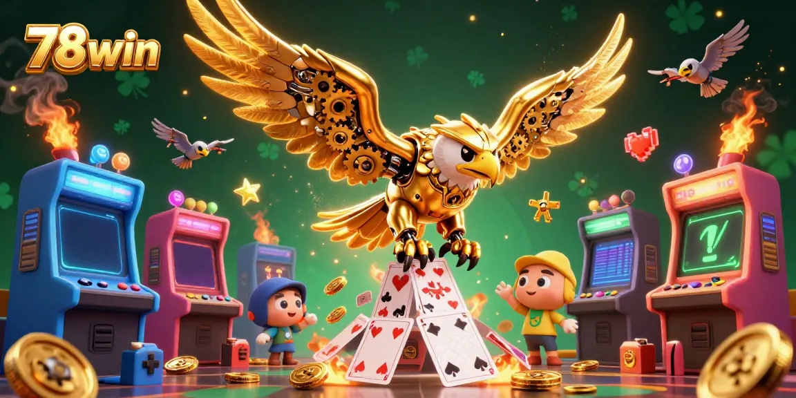 Experience thrilling gaming action at 78win with a vibrant 3D casino scene featuring cybernetic eagles.