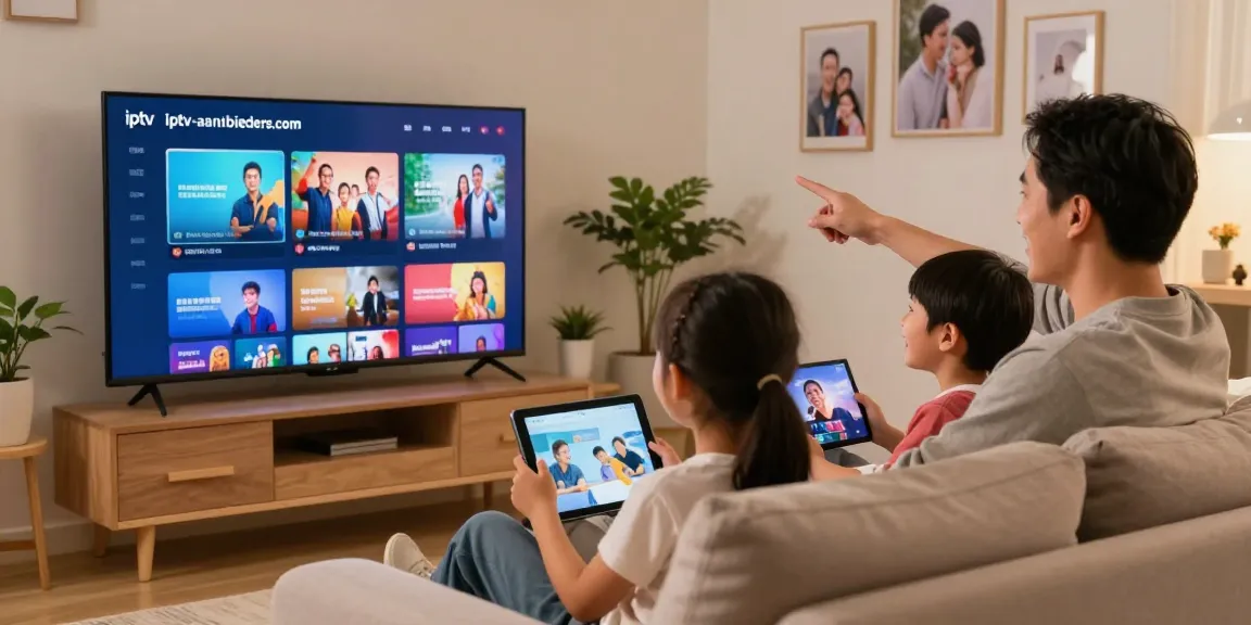 Family enjoying IPTV content on a smart TV with iptv-aanbieders.com, showcasing a cozy living room atmosphere.