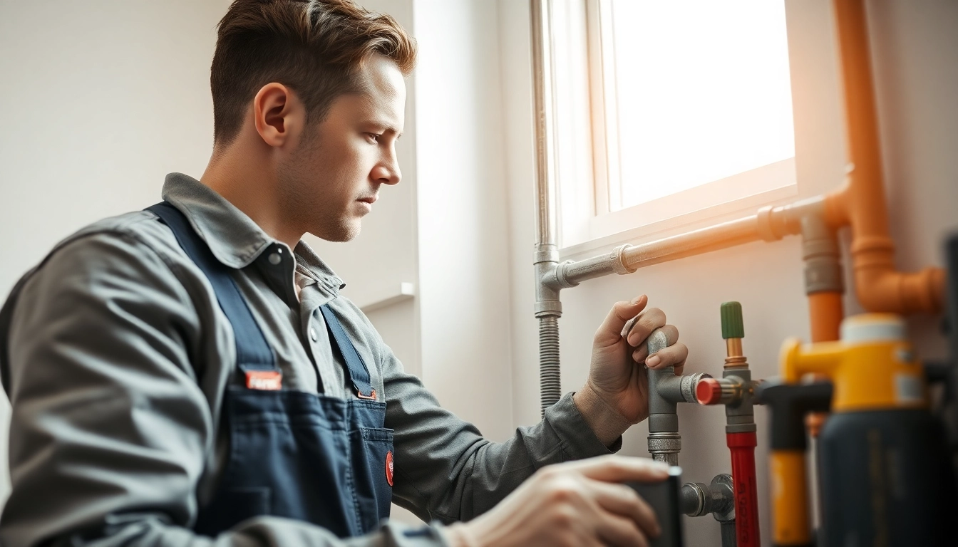 Find a skilled plumber near me inspecting pipes in a bright home environment.