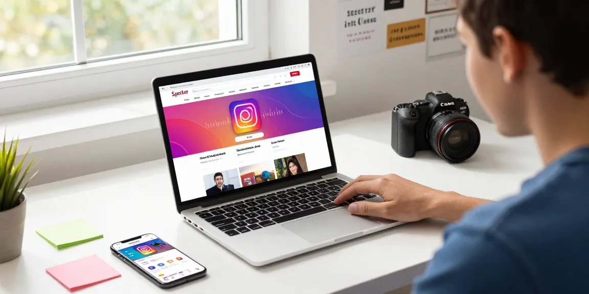 Person using https://spector.net/ to effortlessly download Instagram photos and videos in a bright workspace.