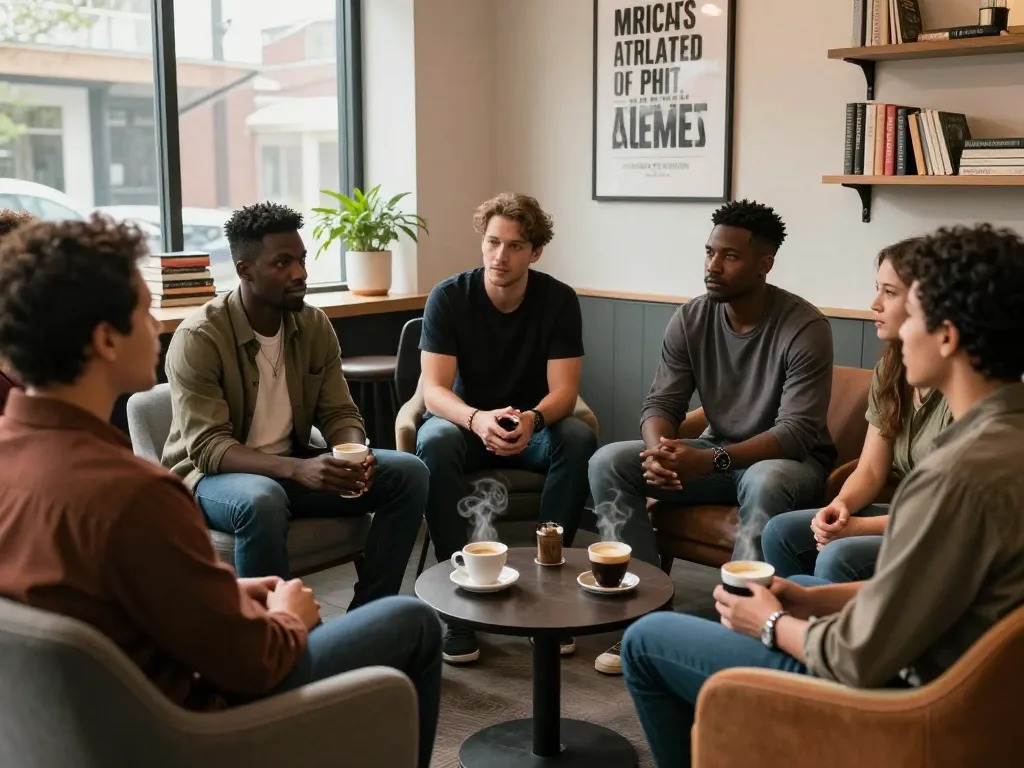 Men club gathering discussing mental health in a cozy lounge.