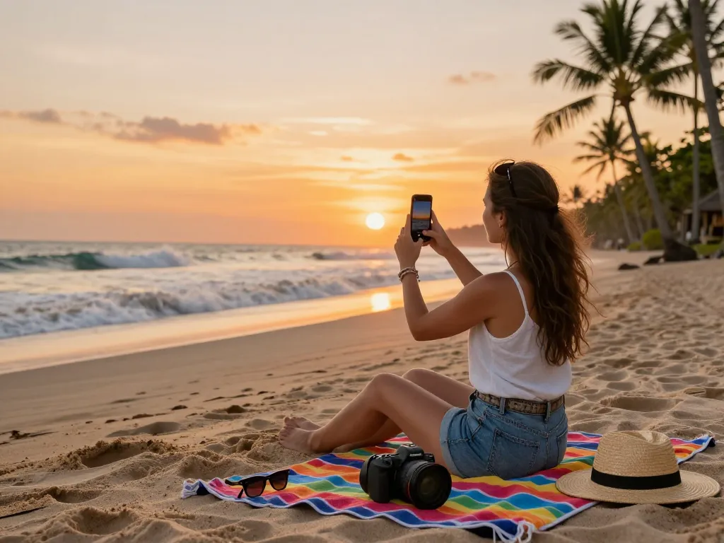 Book Bali tour packages with an adventurer capturing sunset views on a beautiful beach.