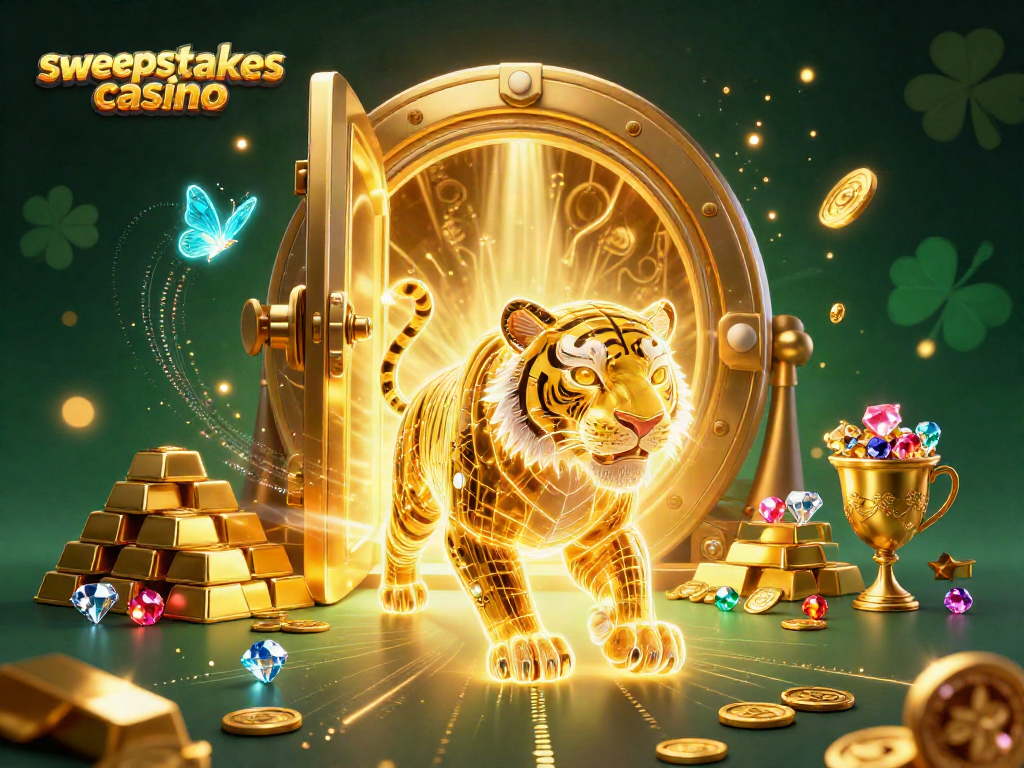 Experience immersive fun at sweepstakes casino with holographic bursts and golden treasures.