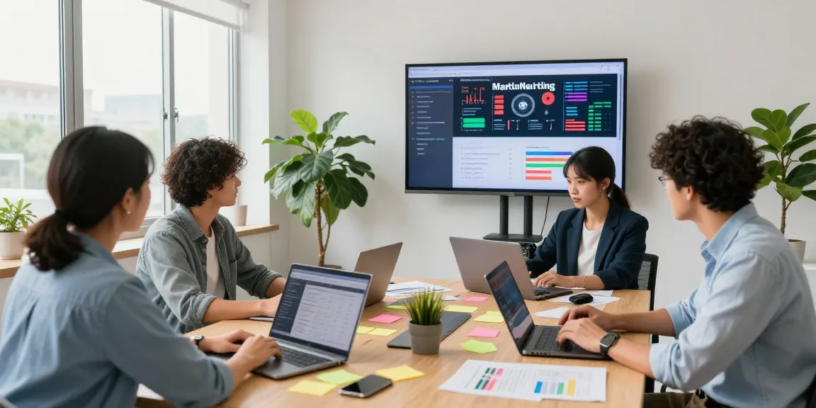 Marketing team collaborating at https://wwww.monkeygoals.com office, showcasing vibrant workspace and analytics.