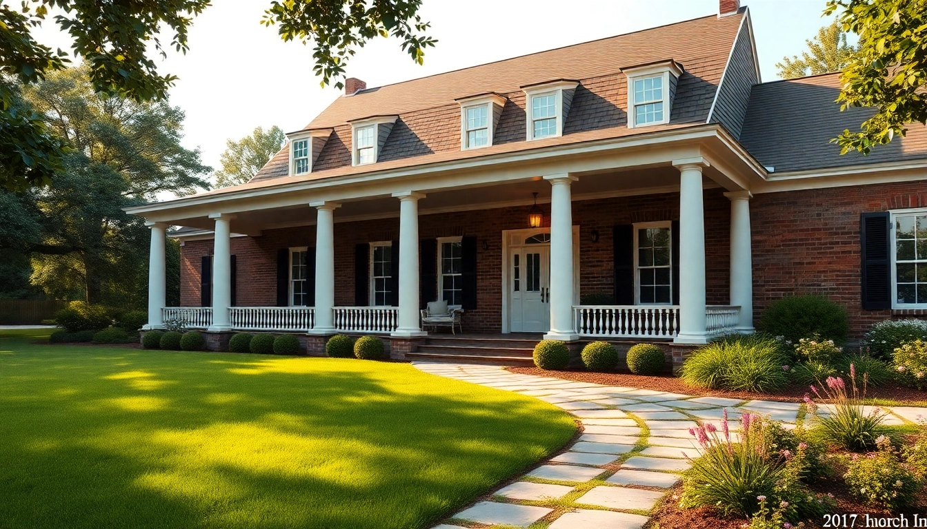 Showcasing colonial home construction with classic design elements and inviting landscape.
