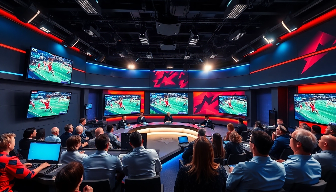 Engaging scene of sports broadcasting with lively hosts and vibrant screens showcasing Sports Broadcasting highlights.