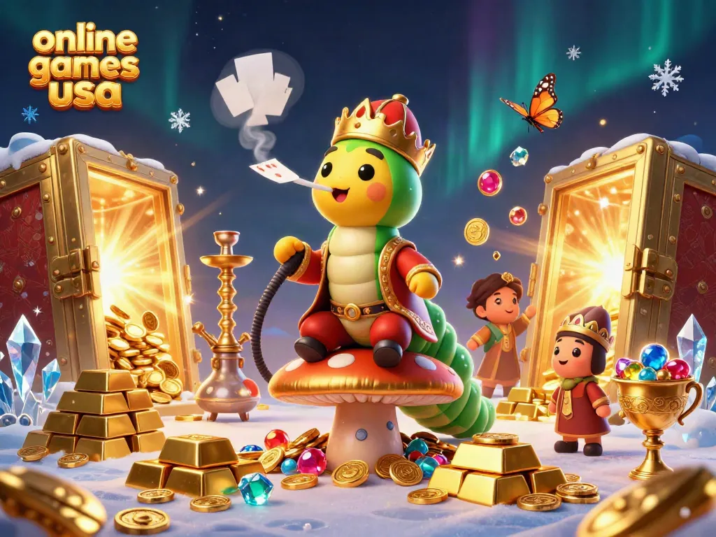 Experience the excitement of online casino games usa with a vibrant illustration featuring a whimsical caterpillar master, gold, and sparkling gems.