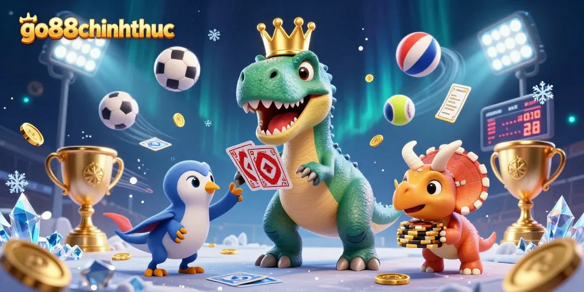go88chinhthuc brings excitement with a T-Rex shuffling cards in a lively casino environment