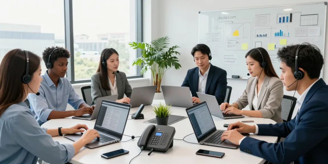 Team collaboration using Telecomshop.nl products in a modern office setting