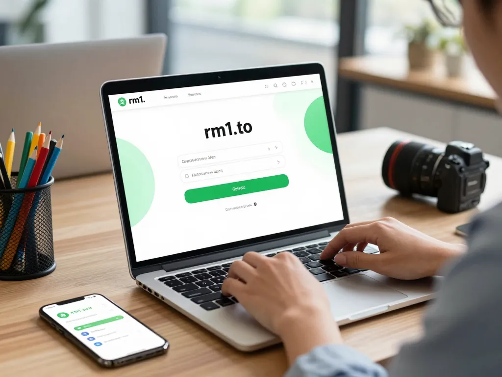 User logging into the secure rm1.to page on a laptop in a bright, modern office.
