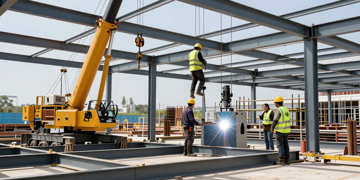 DP Consteel industrial construction scene showcasing teamwork and innovation in pre-engineered buildings.