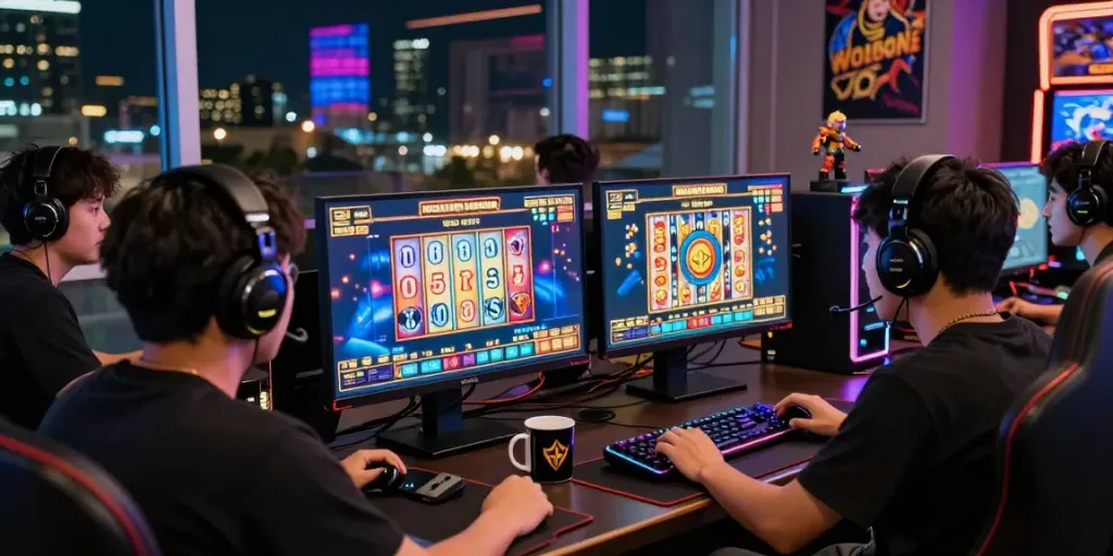 Engaging scene with a gamer enjoying situs gacor online games, high-energy atmosphere.