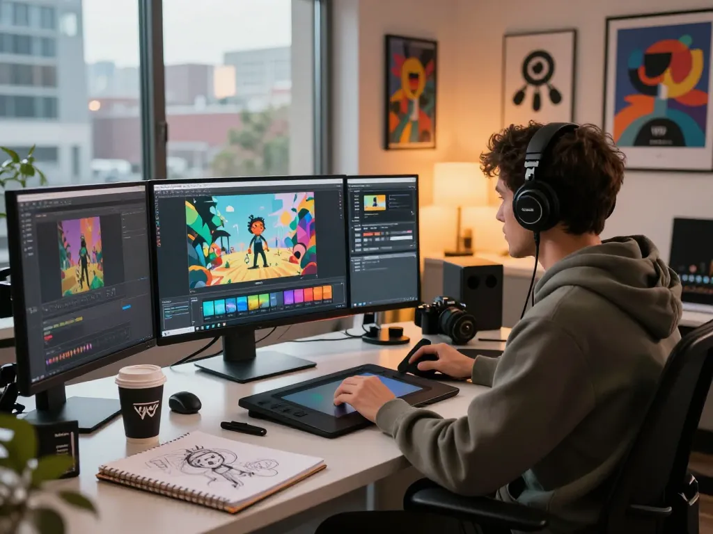 Kling motion technology enables dynamic video creation in a modern digital artist's workspace.