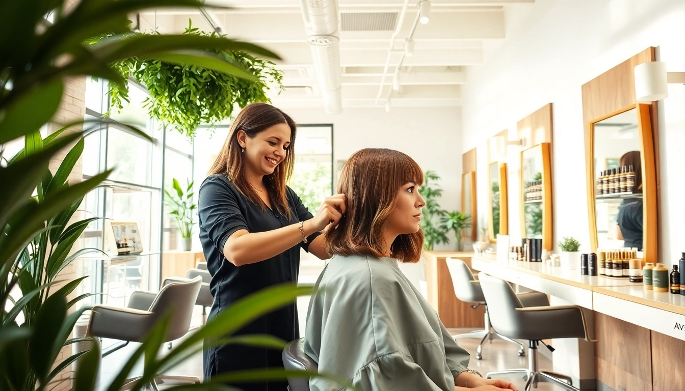 Perm san diego service in a bright, modern hair salon with a stylist and client.