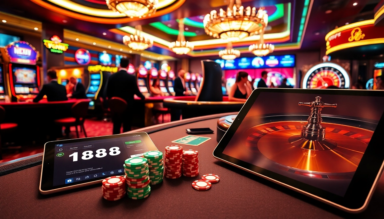 Experience the excitement of U8888 with vibrant casino elements, including poker chips, tables, and slot machines.