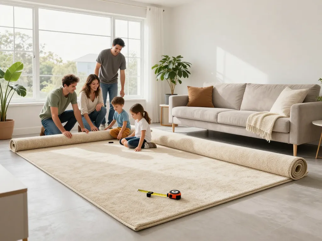 Family watching residential carpet installation in a bright living room with stylish decor.