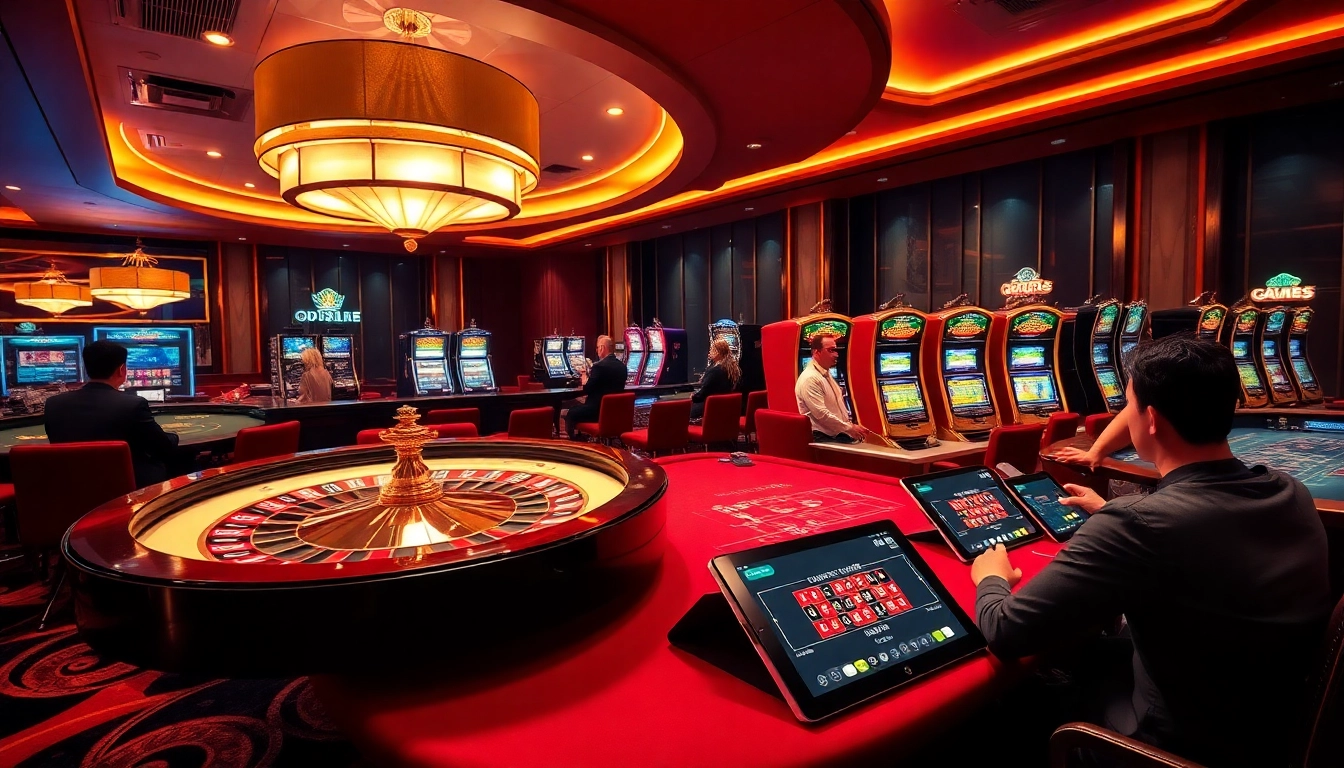 GO88 players enjoying a thrilling game at a luxury casino, featuring roulette and slots.