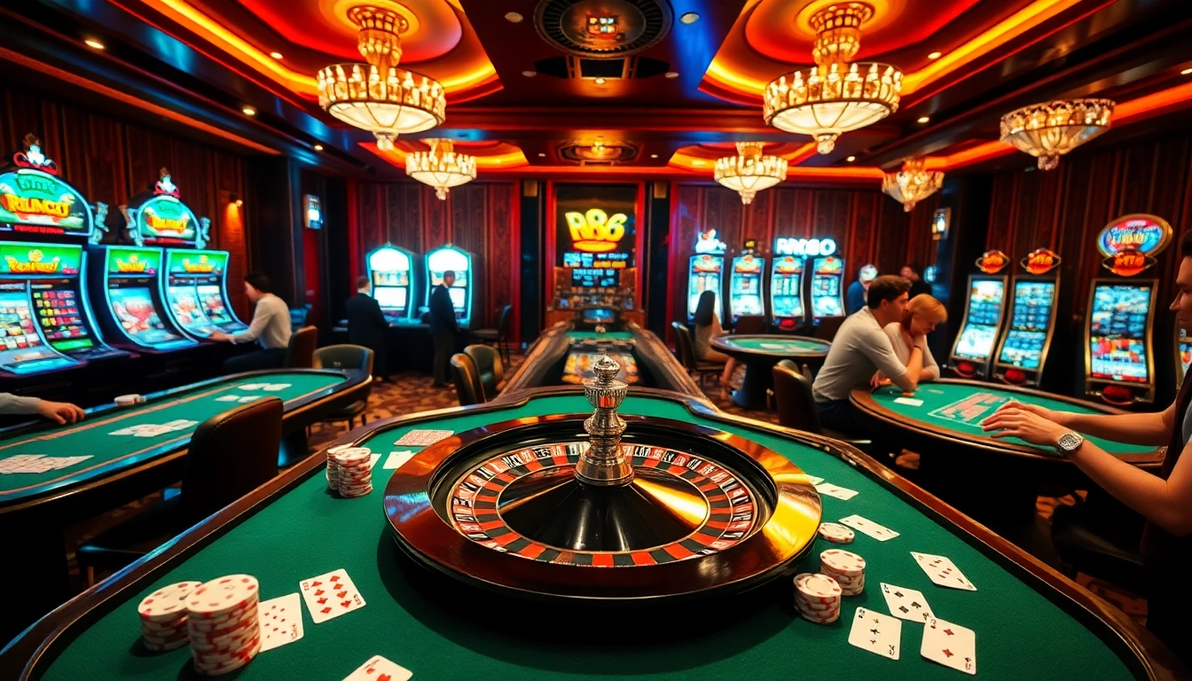 Excited players enjoying games at RR88 casino, featuring casino tables and slot machines.