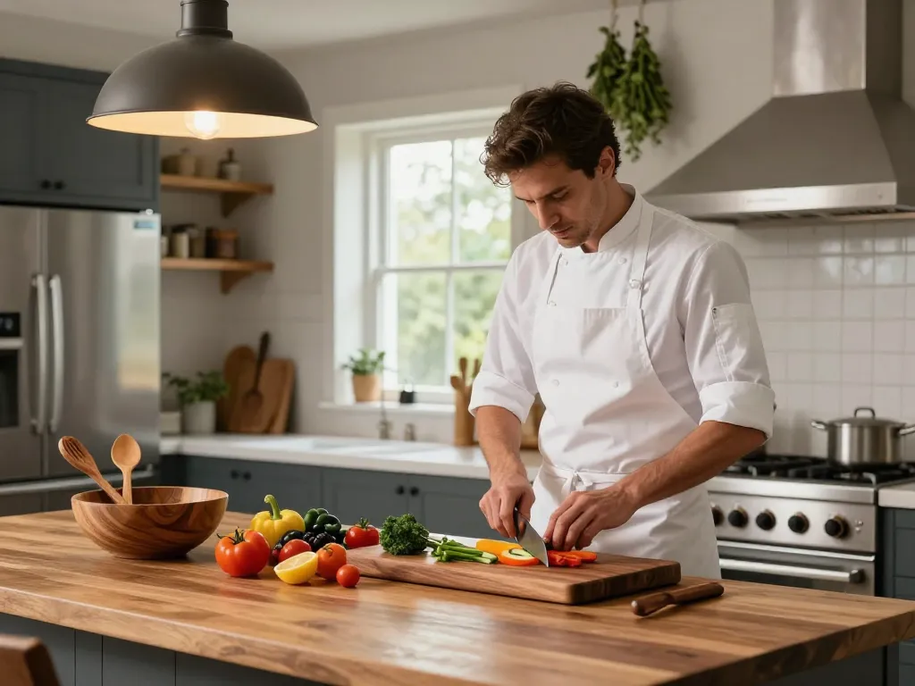 Professional grade black walnut wood kitchen tools for designer kitchens showcased in a charming home kitchen scene with a chef preparing gourmet dishes.