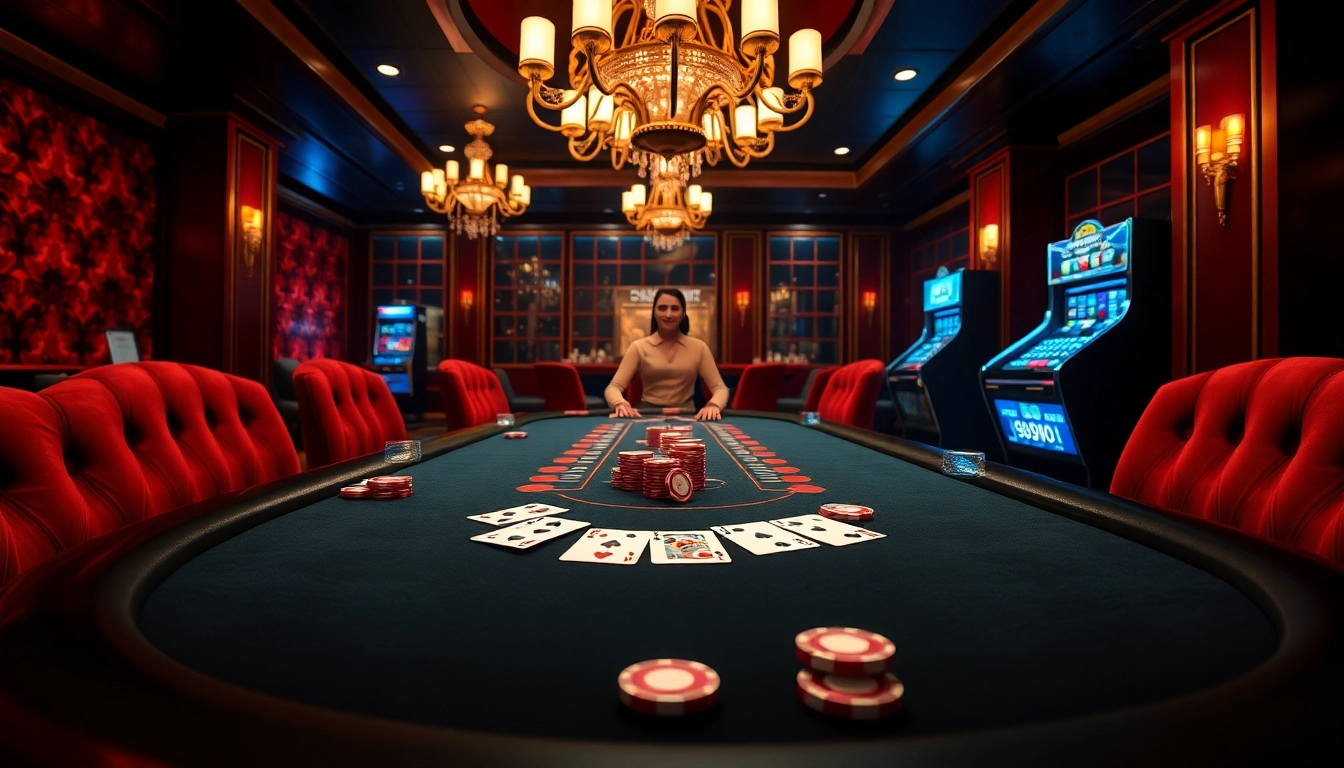 Players enjoying blackjack at 98win's luxurious casino table with vibrant decorations and engaging atmosphere.